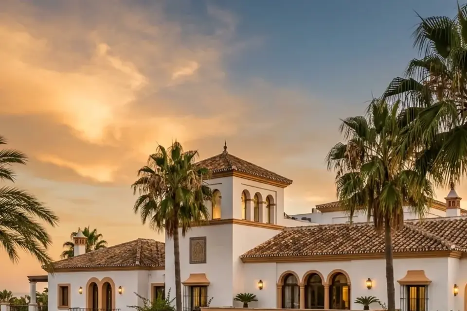 Whitewashed Andalusian architecture and palms near Puerto Banus, Marbella (illustrative image)