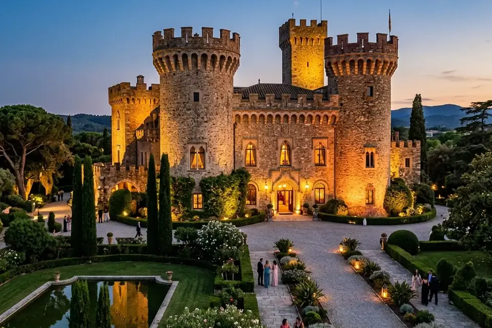 Floodlit medieval castle and formal gardens at Peralada, Girona (illustrative image)